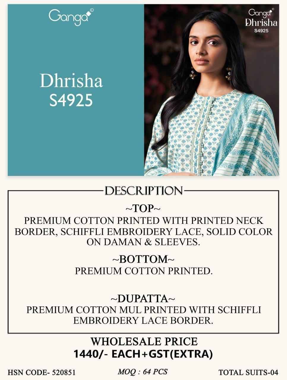 DHRISHA 4925 Series By Ganga Fashion Beautiful Festive Suits Stylish Colorful Fancy Casual Wear & Ethnic Wear PREMIUM COTTON Print Dresses At Wholesale Price